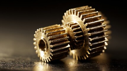 interlocked. Two interlocked brass gears turning against a dark, blurred background. safety posters, maintenance manuals, designed for precision metalworking and fabrication facilities.
