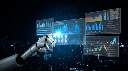 A sleek robotic arm engages with interactive digital data charts, emphasizing cutting-edge analytics and innovative data visualization in a modern high-tech setting. Gantry