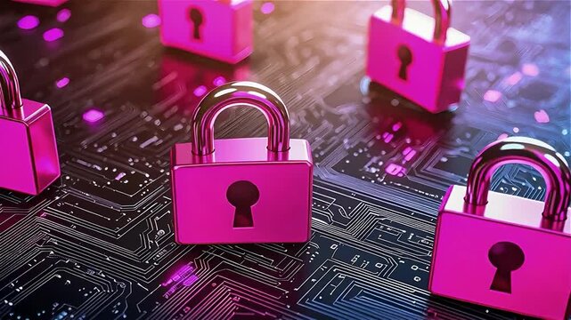 Cybersecurity padlock concept featuring pink padlocks digital circuit board symbolizing data protection, encryption, secure technology, and network