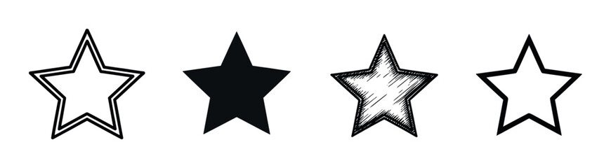 Obraz premium Collection of four black star icons with different artistic styles like solid, outline, double contour, and a hand-drawn sketch for rating or review concepts