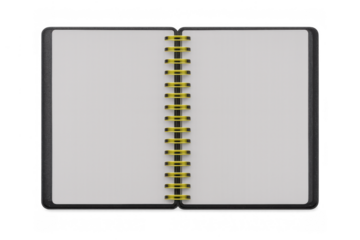 Open blank spiral notebook with yellow binding, pages ready for writing, concept of new ideas, education, and creativity