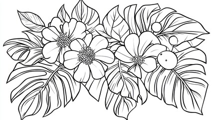 Floral arrangement of flowers and leaves in black and white, perfect for coloring or designs