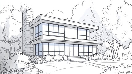 Modern house sketch, architectural drawing, landscape view, design concept, illustration