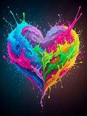 A vibrant and colorful heart with paint splatters on a dark background