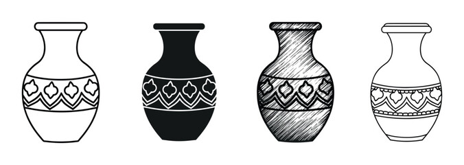 Set of four decorative ceramic vases with ethnic patterns shown in different artistic styles like outline, silhouette, and a hand-drawn sketch for an icon collection