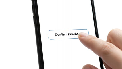 Finger pressing 'Confirm Purchase' button on a mobile phone screen. E-commerce, secure online shopping, checkout process, and digital payment concept.