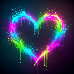 A vibrant and colorful heart with paint splatters on a dark background