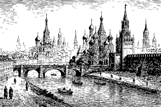 exquisite historical engraving depicts a panoramic view of Moscow&rsquo;s iconic skyline, featuring the majestic spires and onion domes of Saint Basil's Cathedral and the Kremlin. Rendered in a highly detai