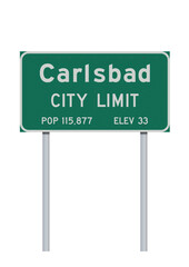 Vector illustration of the Carlsbad (California) City Limit green road sign on metallic posts