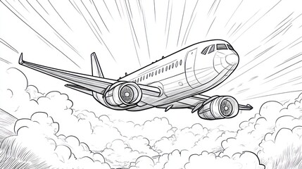 Jet plane flying through clouds, artistic illustration, background
