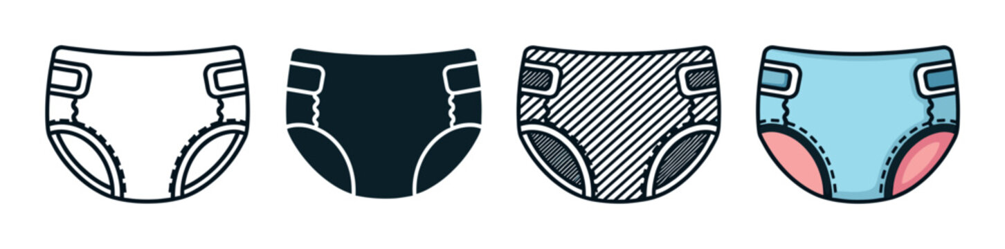 Set of four baby diaper icons showing different graphic styles including simple line art, a solid glyph, a striped pattern, and a full color cartoon illustration