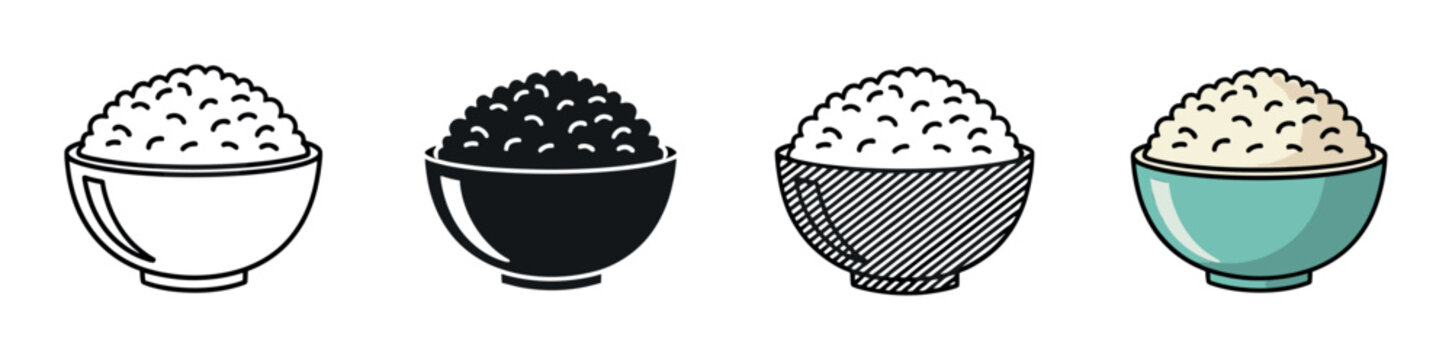 Set of four rice bowl icons in various graphic styles including outline, silhouette, and color, representing a simple meal of cooked grains for a healthy diet