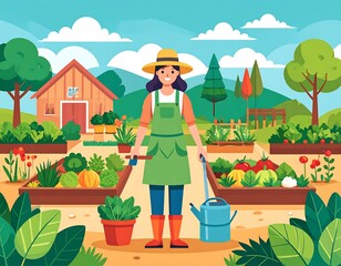 Woman Gardening in Vegetable Garden Illustration.
