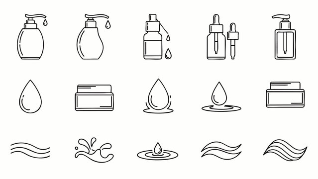 Line art vector icons for cosmetics, skincare, and beauty. Features bottles, droppers, cream jars, water drops, and waves.