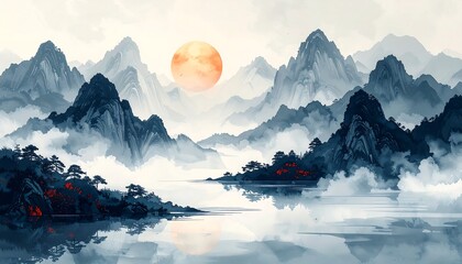 Misty Mountain Landscape with Lake and Full Moon.