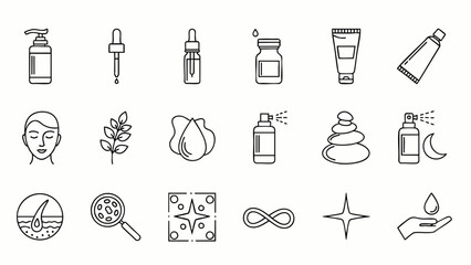 Skincare and Beauty Line Icons Set. Collection of Cosmetic Products, Dermatology, Spa, and Wellness Symbols. Modern Outline Vector Illustrations.