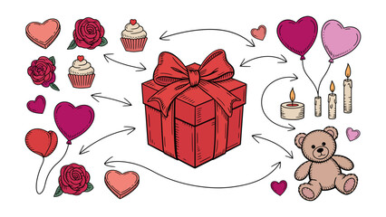 Festive Gift Selection: A vibrant assortment of symbolic elements including hearts, roses, balloons, cupcakes, candles, and a teddy bear, all converging around a beautifully wrapped gift box.