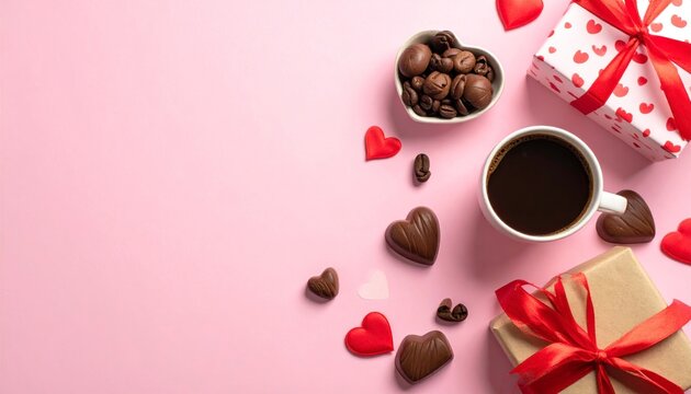 Scattered chocolate truffles, heart candies, coffee cup in saucer and red ribbon gift box arranged on soft pink background with copy space. Valentine's indulgence concept
