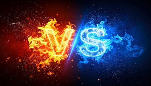 Fiery orange flames versus icy blue frost stylized "VS" letters with dynamic smoke trails on dark contrasting background evoking epic rivalry. Concept of elemental battle