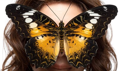 Woman with Butterfly Wings Covering Face.