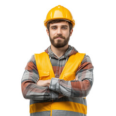 Confident construction worker in safety gear standing with arms crossed