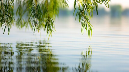 willow. Willow branches arching gracefully over a calm water surface in morning light. gardening catalogs, home-decor guides, designed for home decor and floral branding, used by clinicians.
