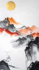 Watercolor Painting of Mountains and Moon.