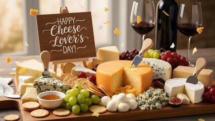 Luxury cheese board wine celebration Happy Cheese Lovers Day sign