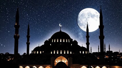 Serene Mosque Silhouetted Against a Radiant Full Moon on a Starry Night