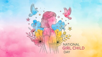 National girl child day illustration with flowers and birds
