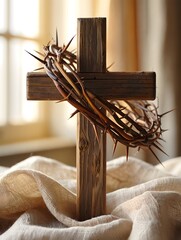 Rustic Wooden Cross Crown of Thorns Easter Lent Still Life