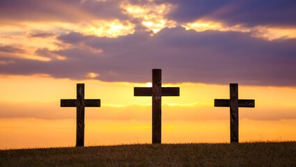 Three Wooden Crosses Silhouette Dramatic Sunset Spiritual Scene