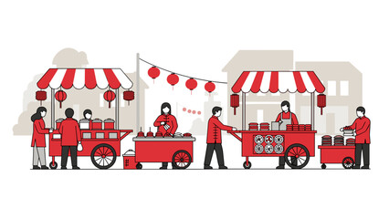 Minimalist Line Art Illustration of Lunar New Year Street Market Stalls with Vendors