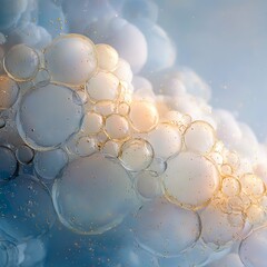 Floating oil and water bubbles creating a cloud-like formation