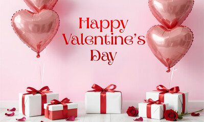 Valentine&rsquo;s Day background featuring hearts, valentines day greeting card, &ldquo;Happy Valentine&rsquo;s Day&rdquo; text, red roses, balloons, and gifts