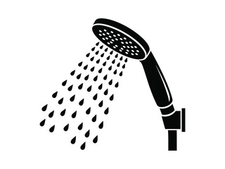 Black and white illustration of a showerhead with falling water droplets
