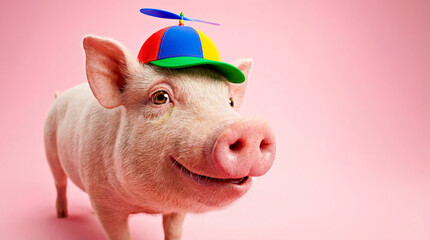 Funny Domestic Pig Wearing Propeller Cap, Empty Pink Studio Background