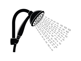 Black and white illustration of a showerhead with water droplets falling