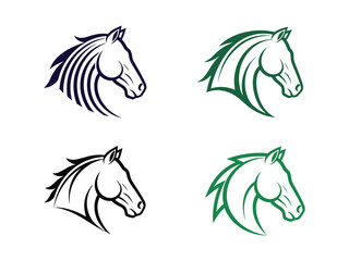 Four stylized horse head illustrations in varying colors and designs displayed