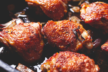 fried chicken thighs, with spices, homemade, no people,