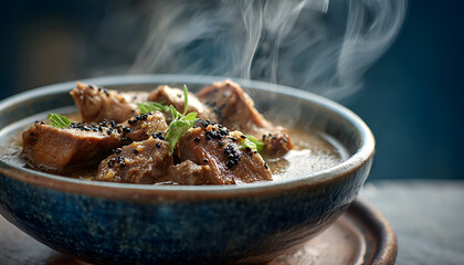 A steaming bowl of feijoada served in rustic ceramic radiating warmth and rich Brazilian flavor 