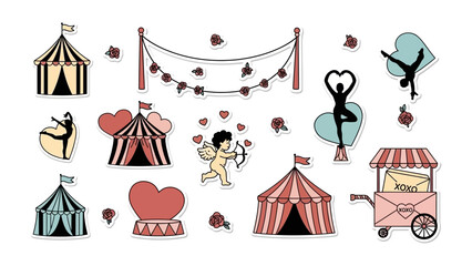 Valentine's Carnival: Charming illustrations of festive tents, dancing silhouettes, and heart-shaped adornments are brought together in a whimsical valentine-themed composition. 