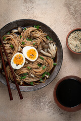 buckwheat noodles, soba, with shimeji mushrooms, boiled egg, green onion, homemade, no people,