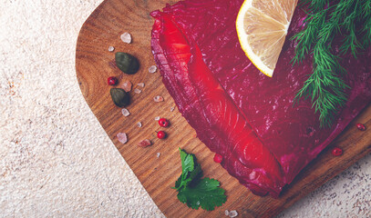 Salmon gravlax with beetroot, Scandinavian snack, beet gravlax, lightly salted fish, homemade, no people,