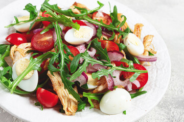 a warm salad with fried chicken fillet, arugula and cherry tomatoes, and boiled quail eggs, on a white plate, no people.