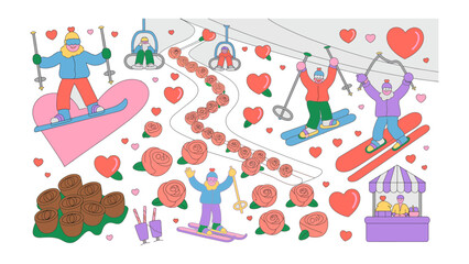 Valentine's Day Ski Resort Scene: Animated individuals revel in winter sports amidst a scene of love. Hearts, roses, and ski lifts create a charming and festive setting for this celebration.