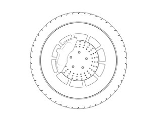 Detailed Automotive Car Wheel and Tire Technical Blueprint Diagram: Monochrome Wireframe Schematic Vector Illustration for Mechanical Engineering, Auto Mechanics, Vehicle Maintenance Outline Drawing