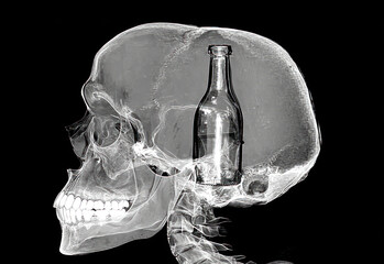 Skull X-ray with silhouette of bottle inside - concept of alcoholism, obsessive thoughts