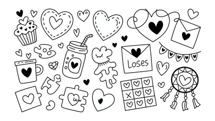 Hand-drawn Valentines doodle : A collection of charming hand-drawn doodles, capturing the essence of Valentine's Day with hearts, love, and sweet treats. 