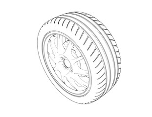 Detailed Automotive Car Wheel and Tire Technical Blueprint Diagram: Monochrome Wireframe Schematic Vector Illustration for Mechanical Engineering, Auto Mechanics, Vehicle Maintenance Outline Drawing